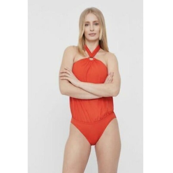 NWT Michael Kors POPPY Red Halter Blouson O-Ring One-Piece Swimsuit Sz. 6 - Picture 2 of 11